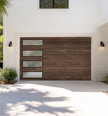 White garage door of modern suburban house with landscaping
